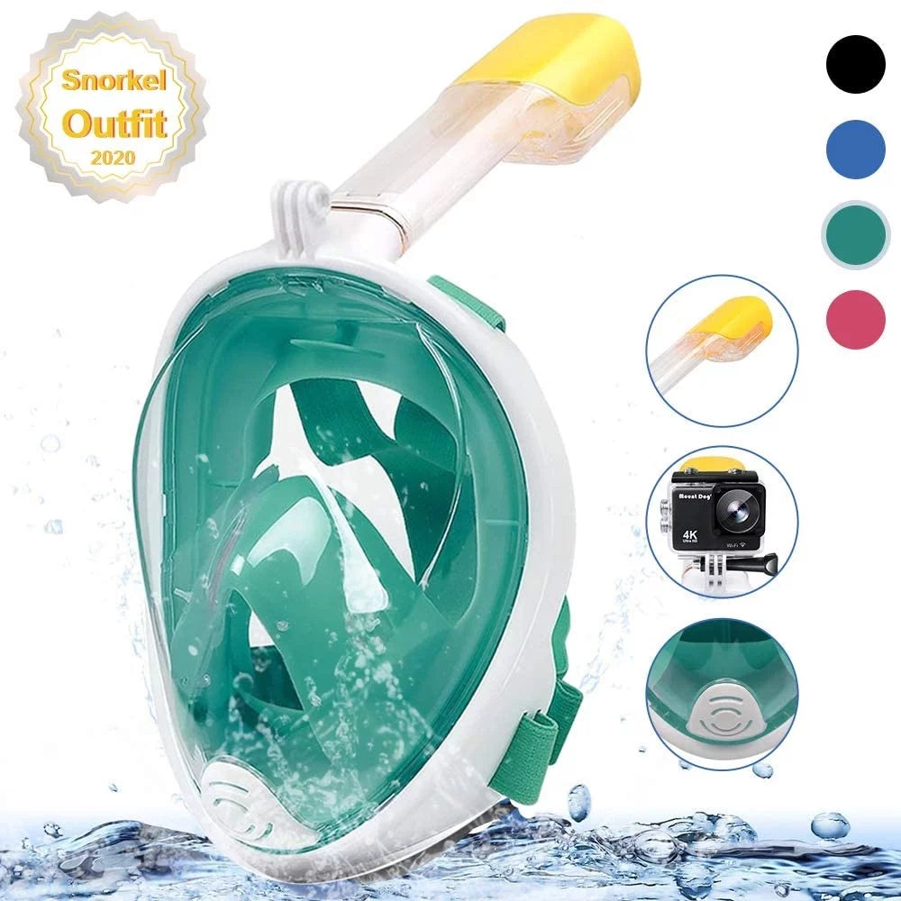 Snorkel Mask Full Face Snorkeling Mask Snorkel Set with Panoramic View and Action Camera Mount Anti-Fog and Anti-Leak Design Dive Mask for Adults Green
