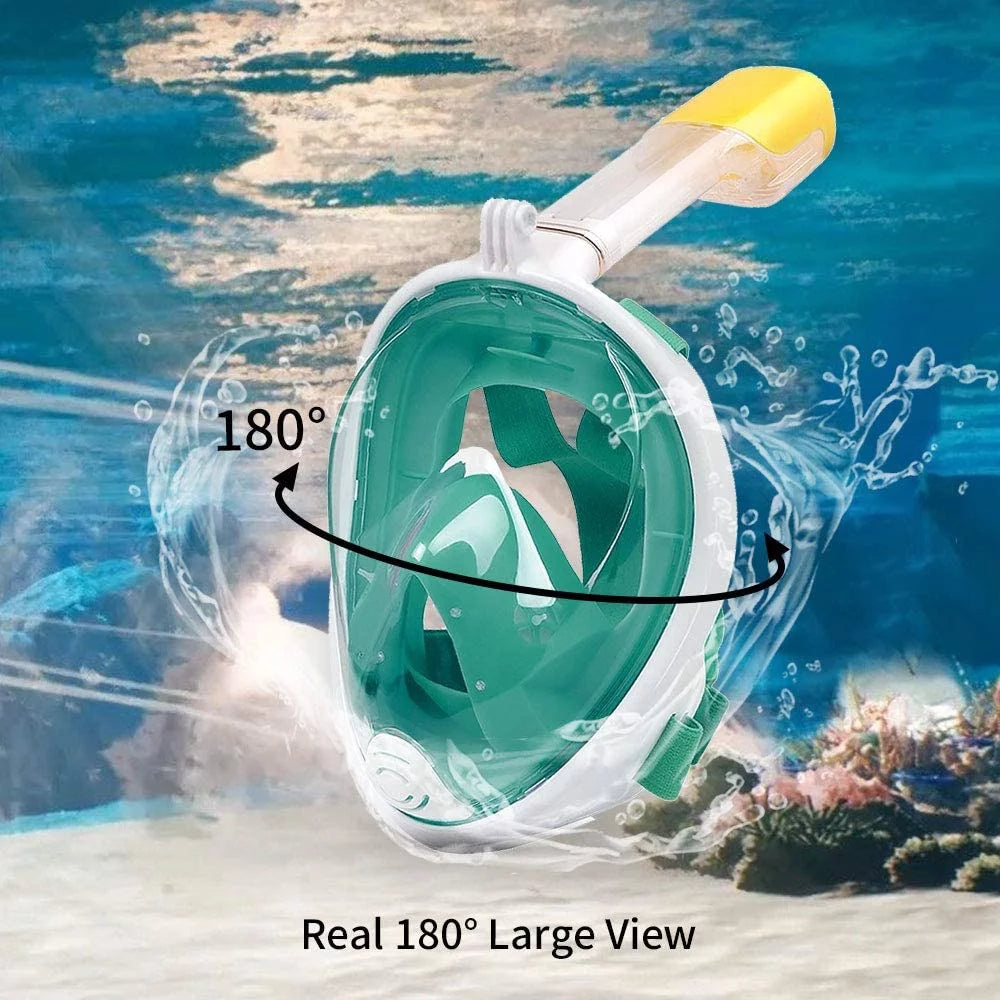 Snorkel Mask Full Face Snorkeling Mask Snorkel Set with Panoramic View and Action Camera Mount Anti-Fog and Anti-Leak Design Dive Mask for Adults Green