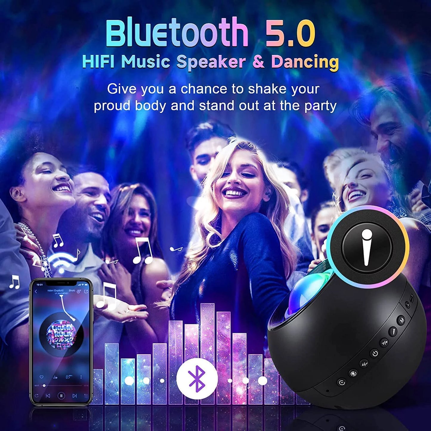 SpeakNBall™ 4 in 1 LED Galaxy Bluetooth Speaker& Projector with 20 Lighting Effects, Timer And Control