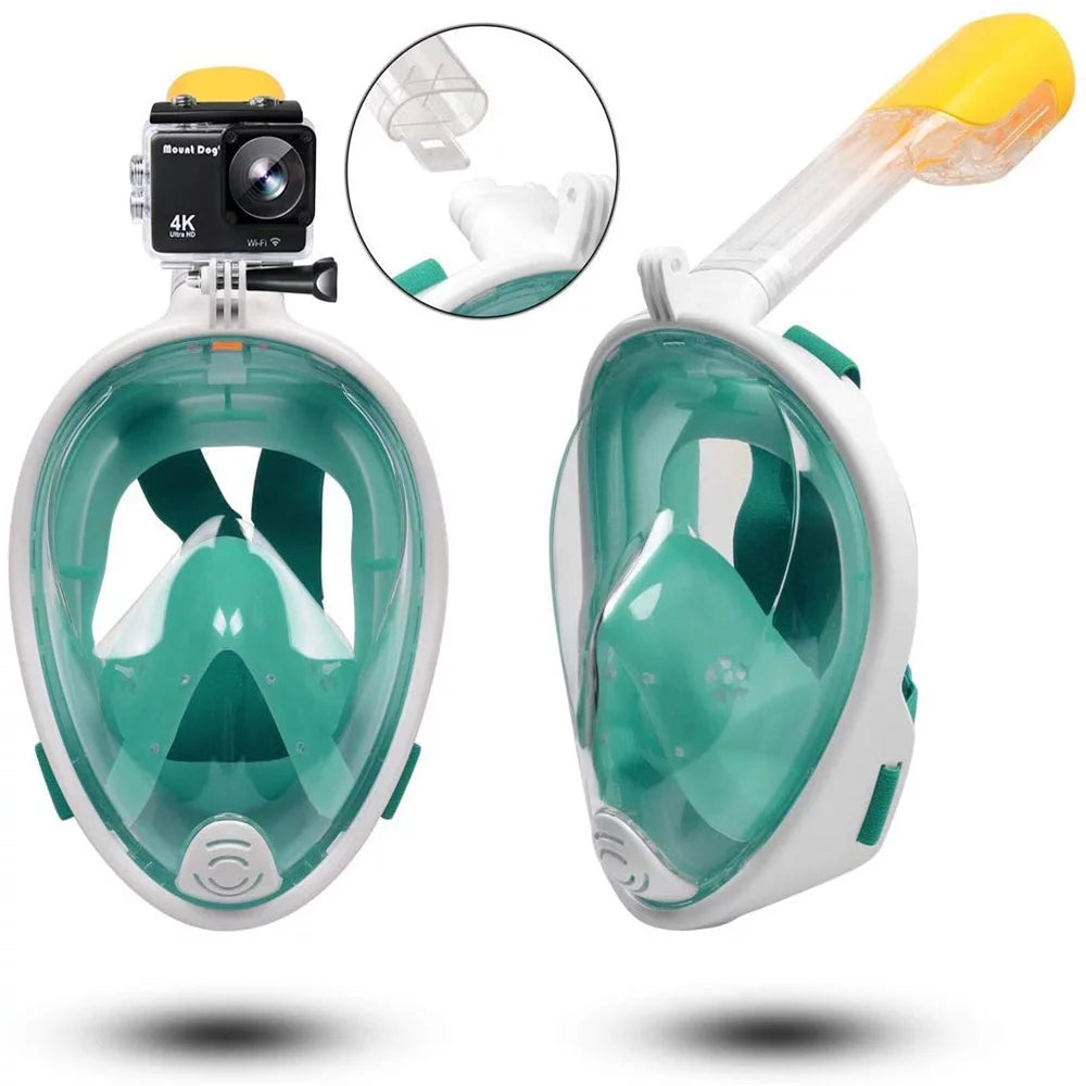 Snorkel Mask Full Face Snorkeling Mask Snorkel Set with Panoramic View and Action Camera Mount Anti-Fog and Anti-Leak Design Dive Mask for Adults Green