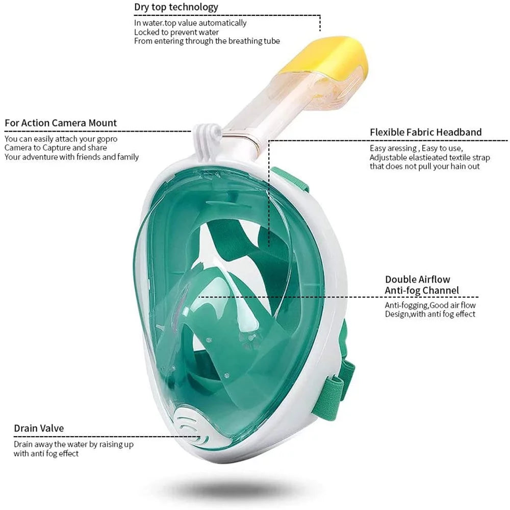 Snorkel Mask Full Face Snorkeling Mask Snorkel Set with Panoramic View and Action Camera Mount Anti-Fog and Anti-Leak Design Dive Mask for Adults Green