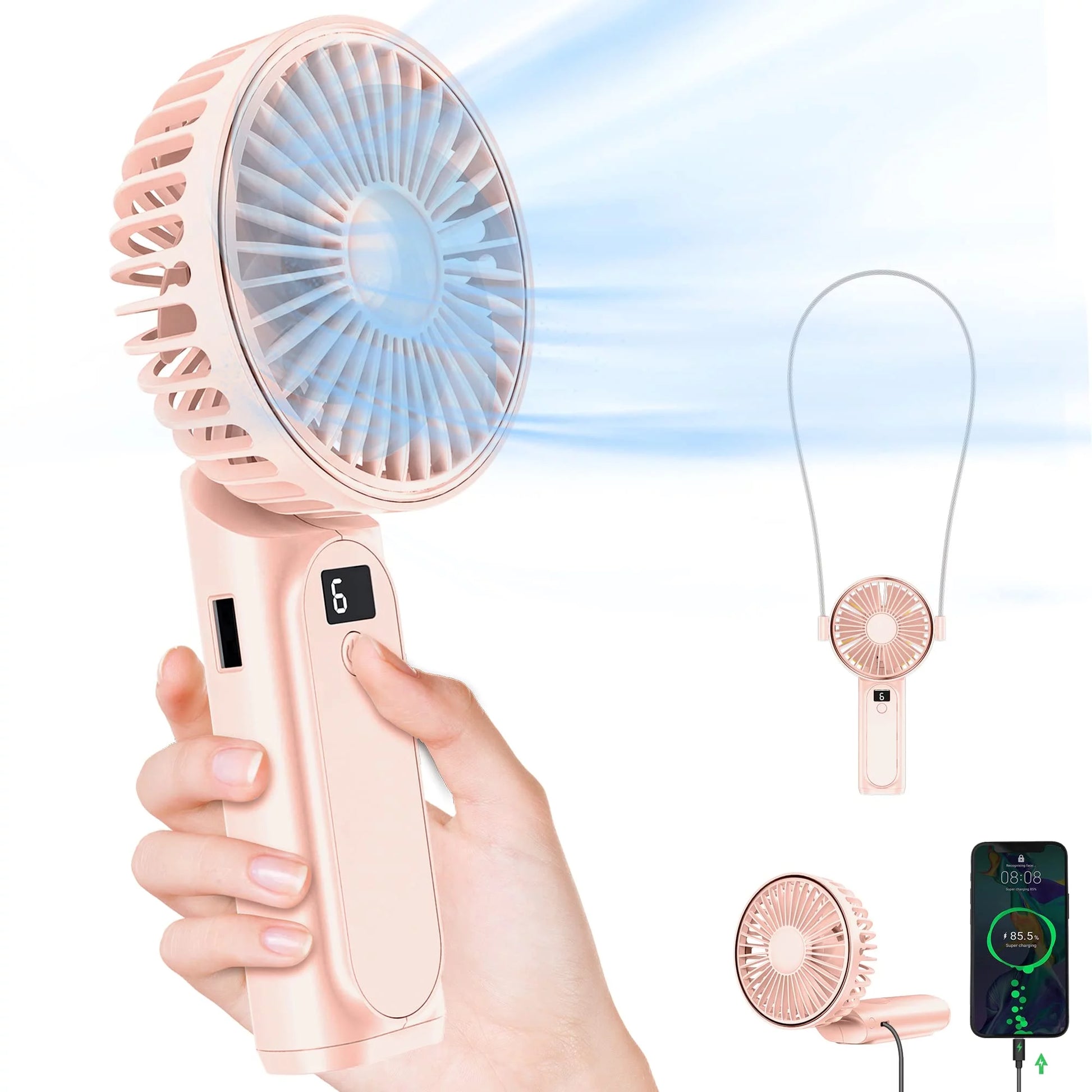 PressNBreeze™ Portable Mini Turbo Fan and Powerbank for Convience and a Ice Cold Fan Breeze. 4000Mah Desk Fan, 180° Adjustable, 6 Speed Wind, Display Electricity in Real Time, USB Rechargeable Foldable Fan