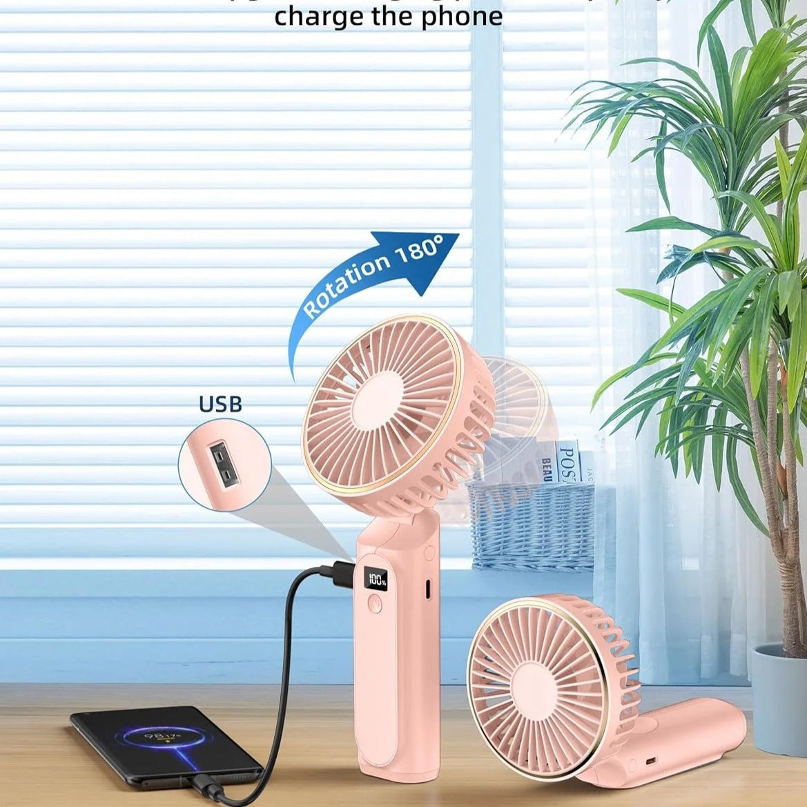 PressNBreeze™ Portable Mini Turbo Fan and Powerbank for Convience and a Ice Cold Fan Breeze. 4000Mah Desk Fan, 180° Adjustable, 6 Speed Wind, Display Electricity in Real Time, USB Rechargeable Foldable Fan